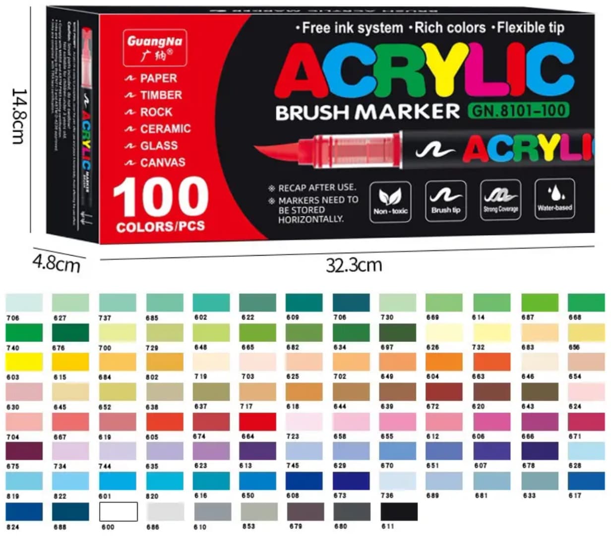Acrylic Brush Marker. GuangNa. Flexible tip. 100pcs