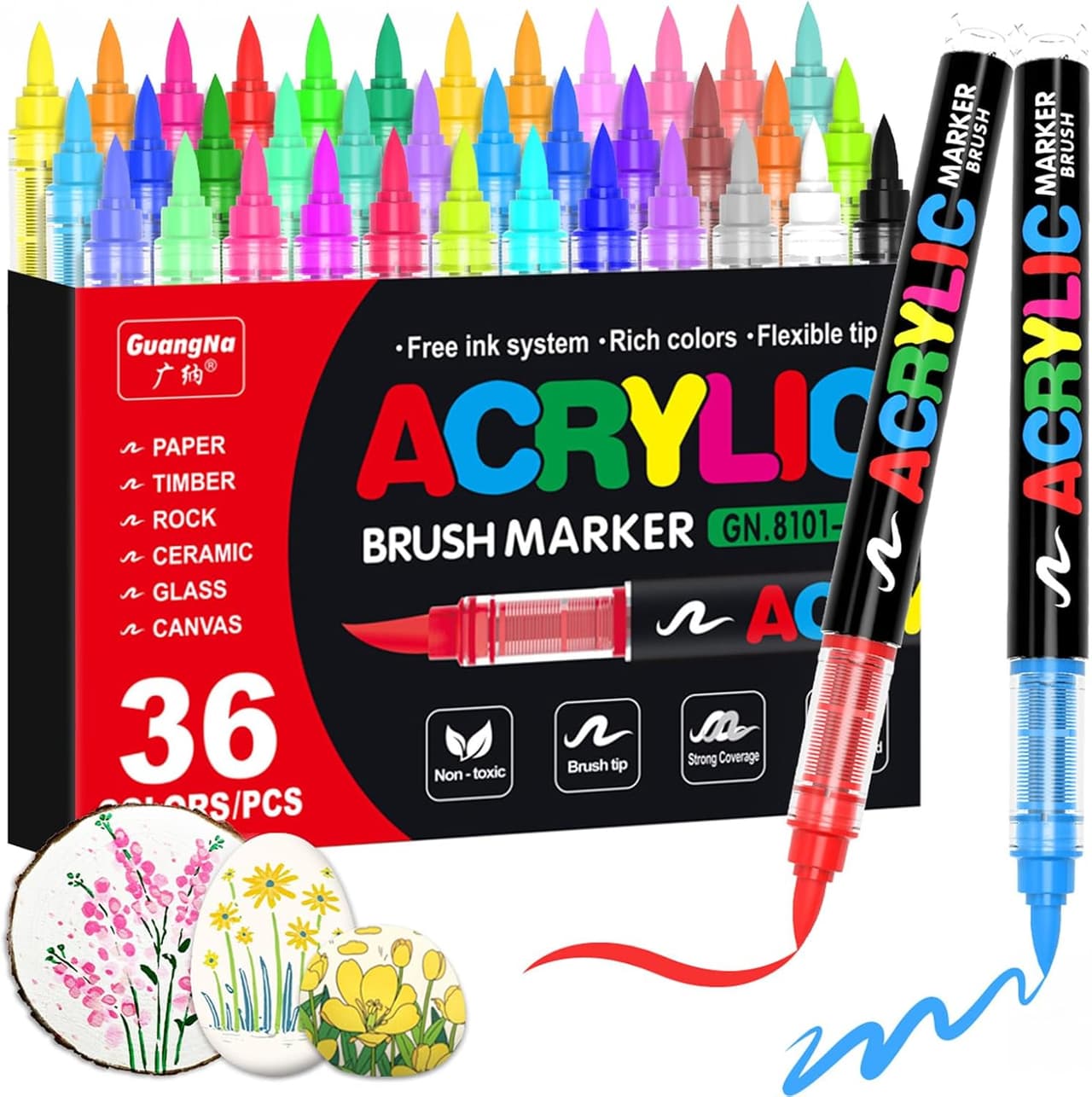 Acrylic Brush Marker. GuangNa. Flexible tip. 36pcs